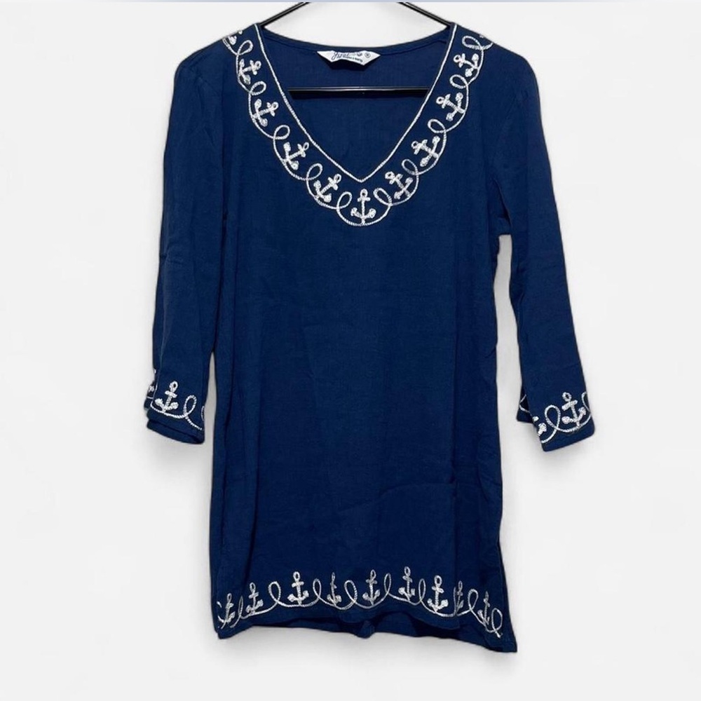 Just Be Navy blue/white embroidered anchor tunic shirt with 3/4 sleeves Size M